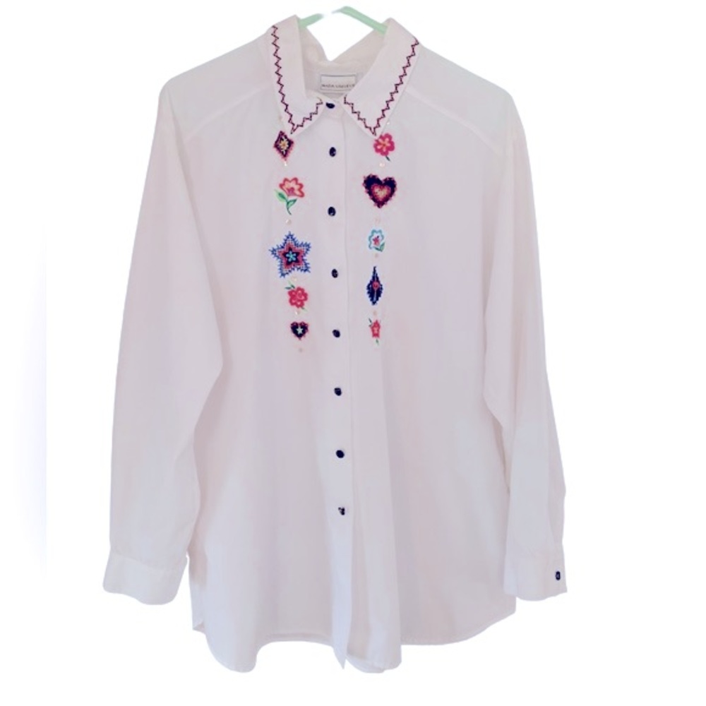 Napa Valley White Button Down Cottagecore Embroidered Folk Art Shirt Size 2X